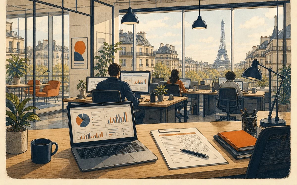 Illustration for the B2 story "Le stage qui change tout": A routine internship evaluation reveals a hidden tension between a mentor's advice and the CEO's expectations at a Paris startup.