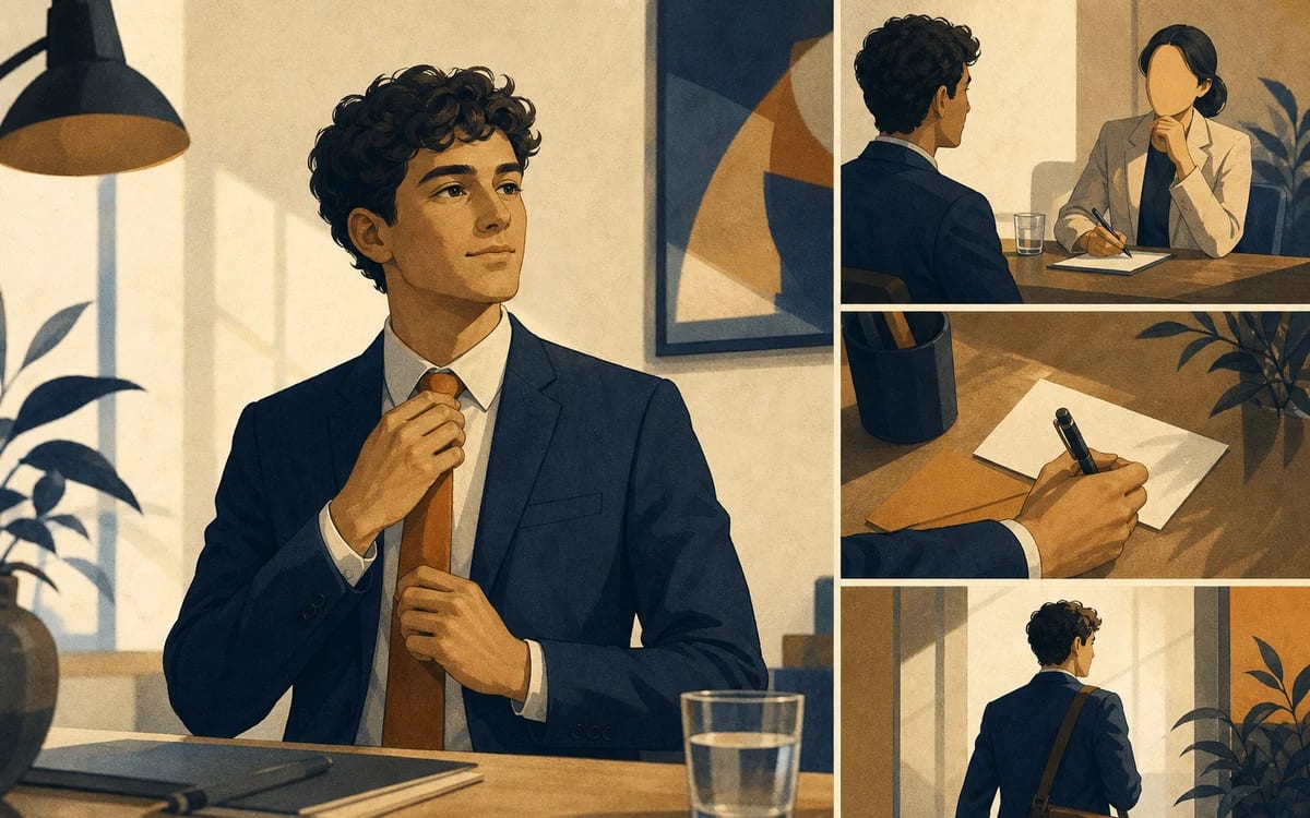 Illustration for the A2 story "L'entretien du mardi": Yanis adjusts his tie, answers one calm question about schedules, and leaves with a polite follow-up note to send.