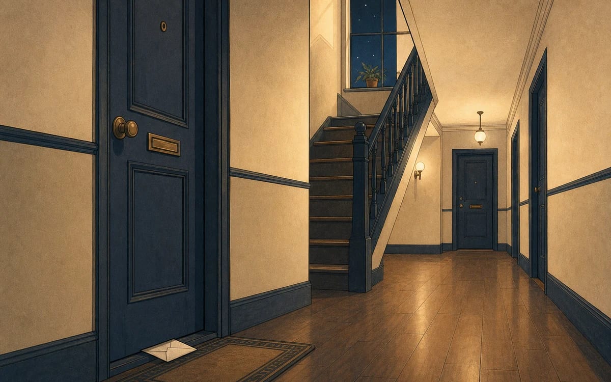 Illustration for the B1 story "Les voisins du dessous": A noise complaint note stuck to the door in a Lyon apartment building leads two neighbors from tension to an unlikely friendship.