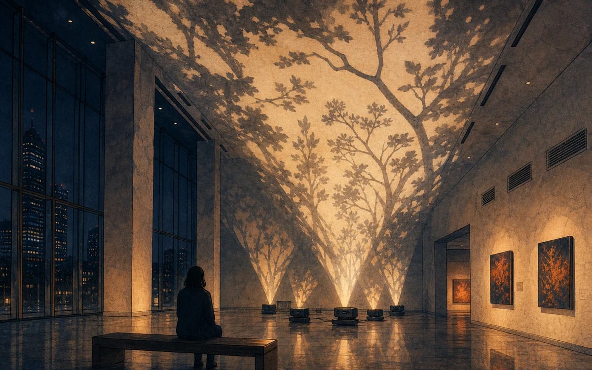 Illustration for the B1 story "Lichtinstallation im Museum": Simon erlebt Proben mit Projektoren, sitzt in einer dunklen Halle und geht mit Summen der Klimaanlage hinaus.