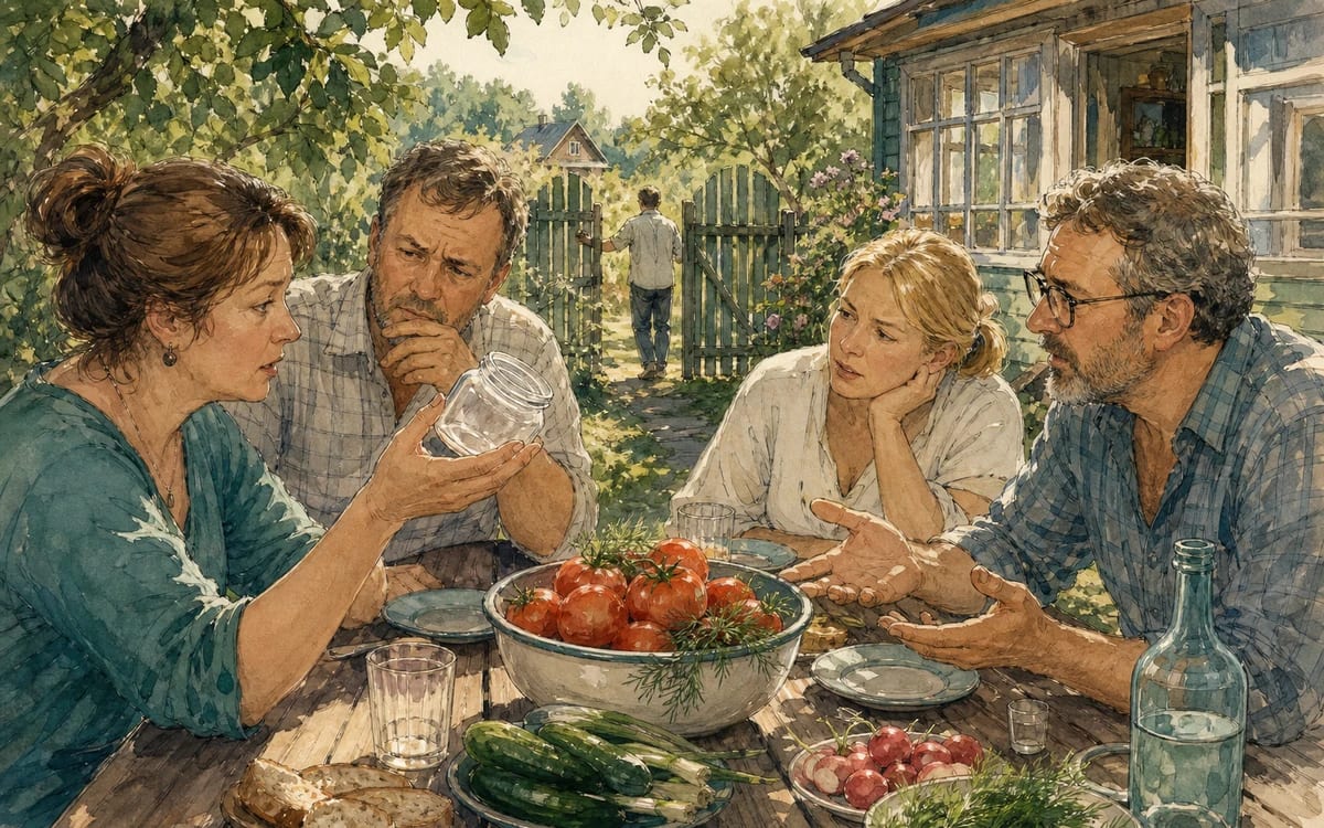 A family notices the empty salt jar beside garden tomatoes and fresh dill at a dacha outside Tula.