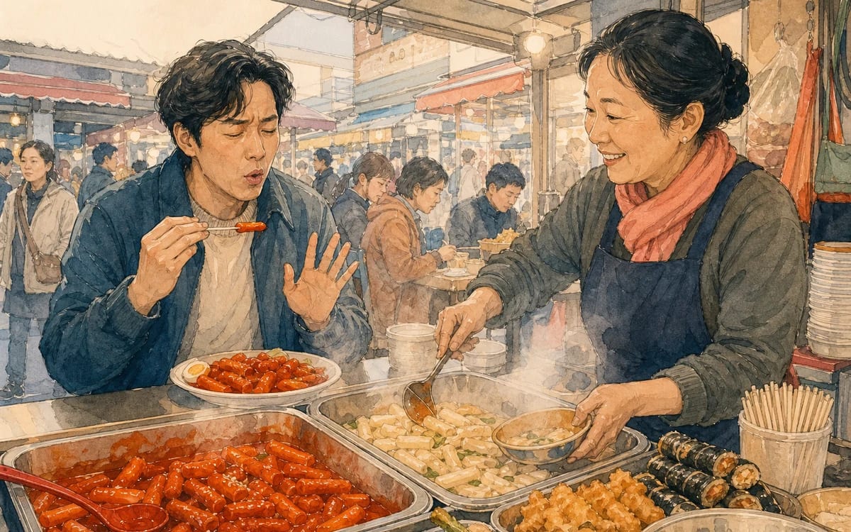 Daniel asks a Mangwon Market vendor for a less spicy plate of tteokbokki after tasting the bright red first serving.