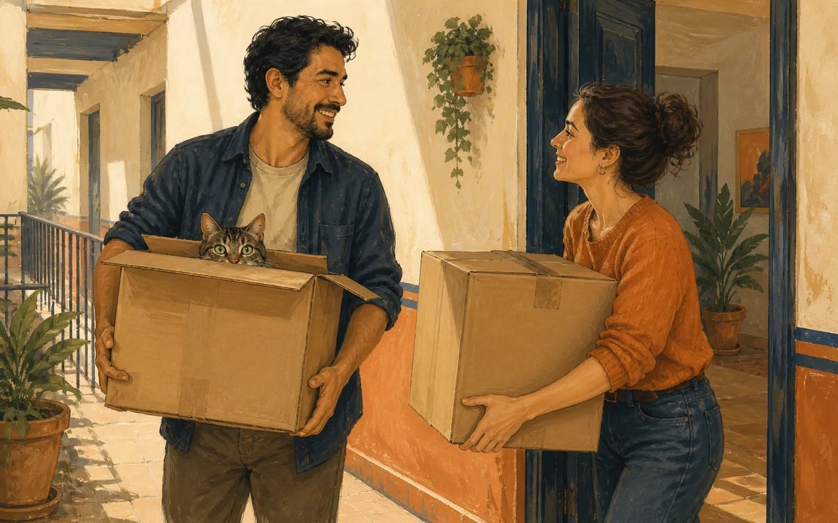 Ana helps Carlos carry moving boxes while his curious cat Luna peeks out in the apartment hallway.