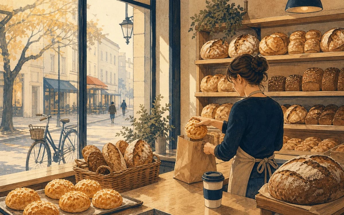 Illustration for the A2 story "Morgens in der Bäckerei": Jonas wartet auf Brötchen und Kaffee, hört vom frischen Roggenbrot und bedankt sich klar vor der Tür.