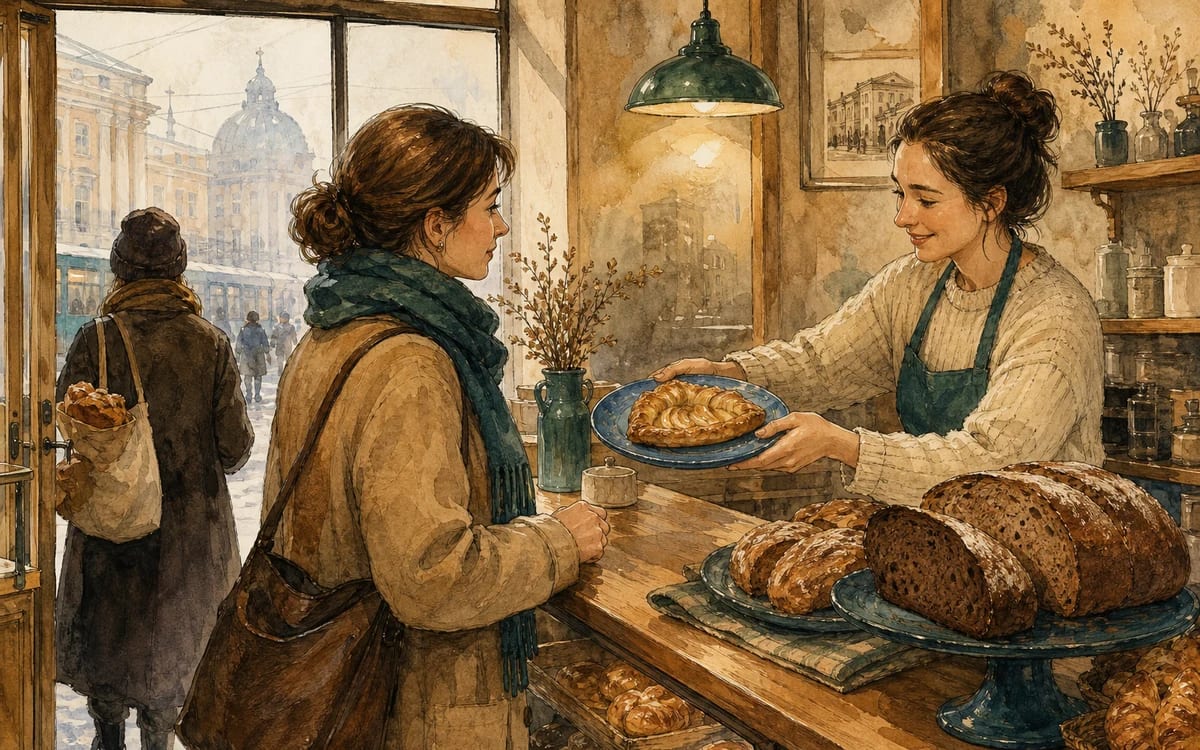 Anna chooses a warm apple pastry after the last cinnamon bun is sold at a Saint Petersburg bakery.