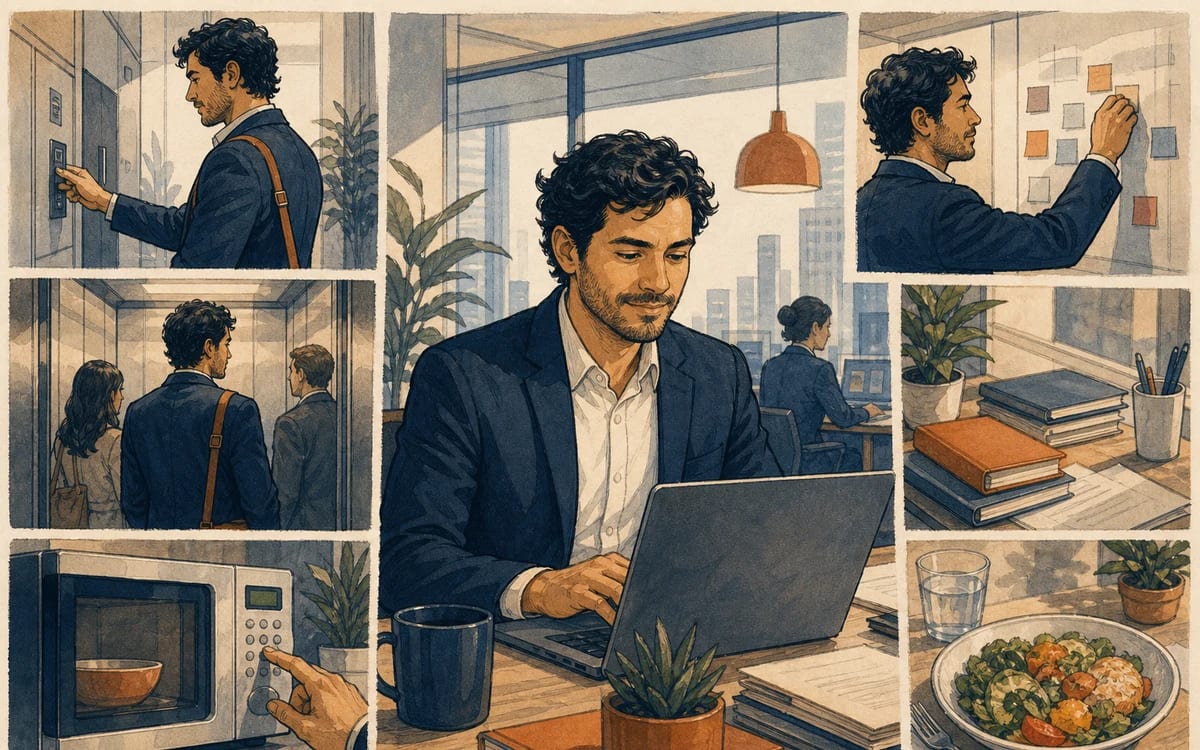 Illustration for the A2 story "Primer día en la oficina": Javier survives logins, elevators, and a bilingual microwave before sending a brief team update before lunch.