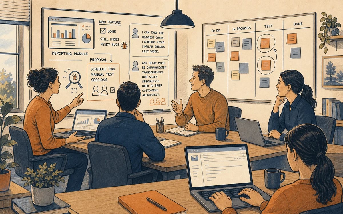 Illustration for the B1 story "Roadmap im Team-Meeting": Daniela erklärt Reporting-Bugs, plant manuelle Tests und verteilt Aufgaben mit einer knappen E-Mail voller Deadlines.