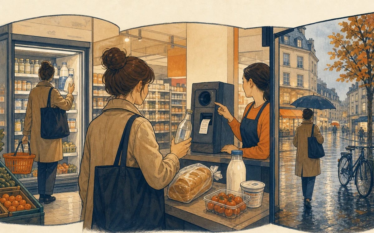 Illustration for the A2 story "Spät im Supermarkt": Lea kauft nach dem Büro Milch, Brot und Tomaten, gibt eine Pfandflasche ab und nickt zufrieden trotz Regengeruch.