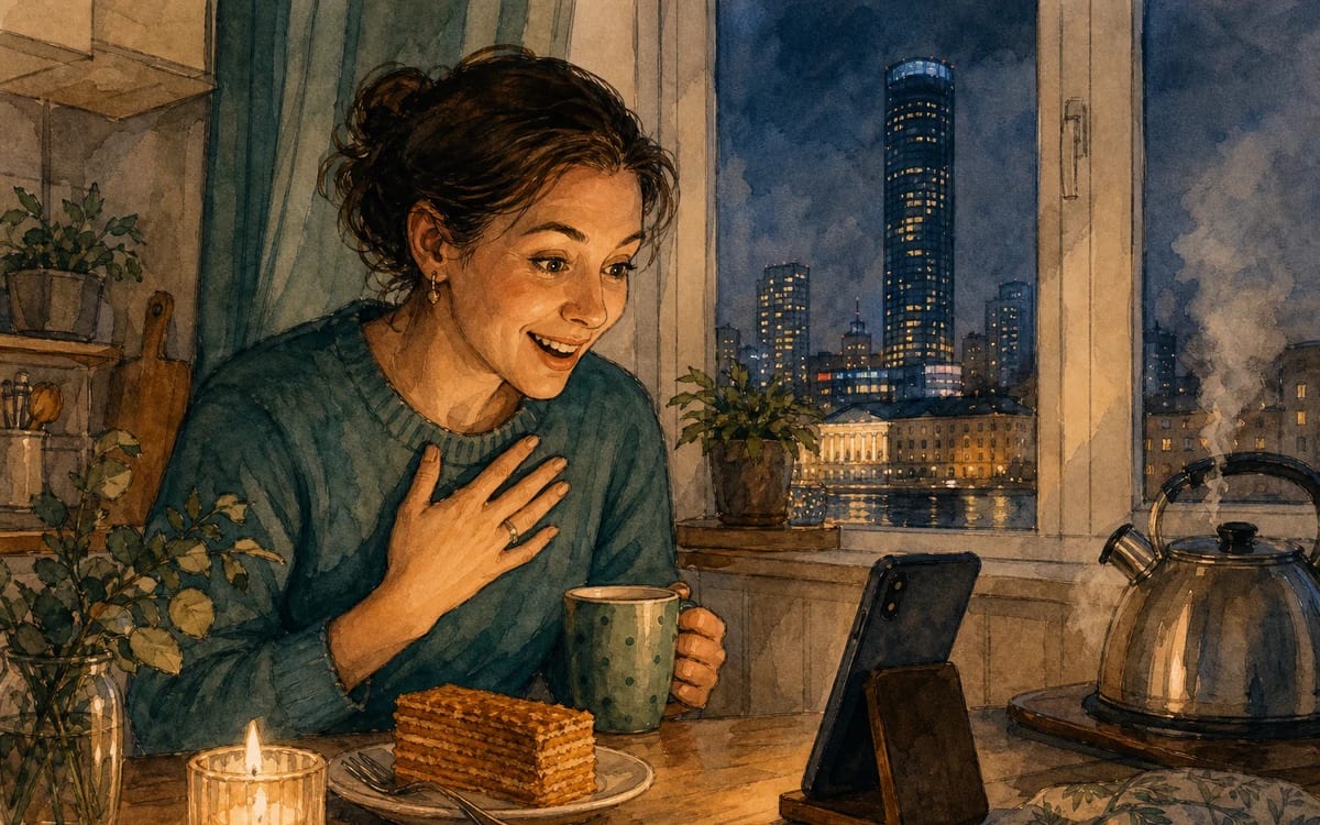 Olga smiles at a family video call beside a steaming kettle and one birthday candle in her apartment.