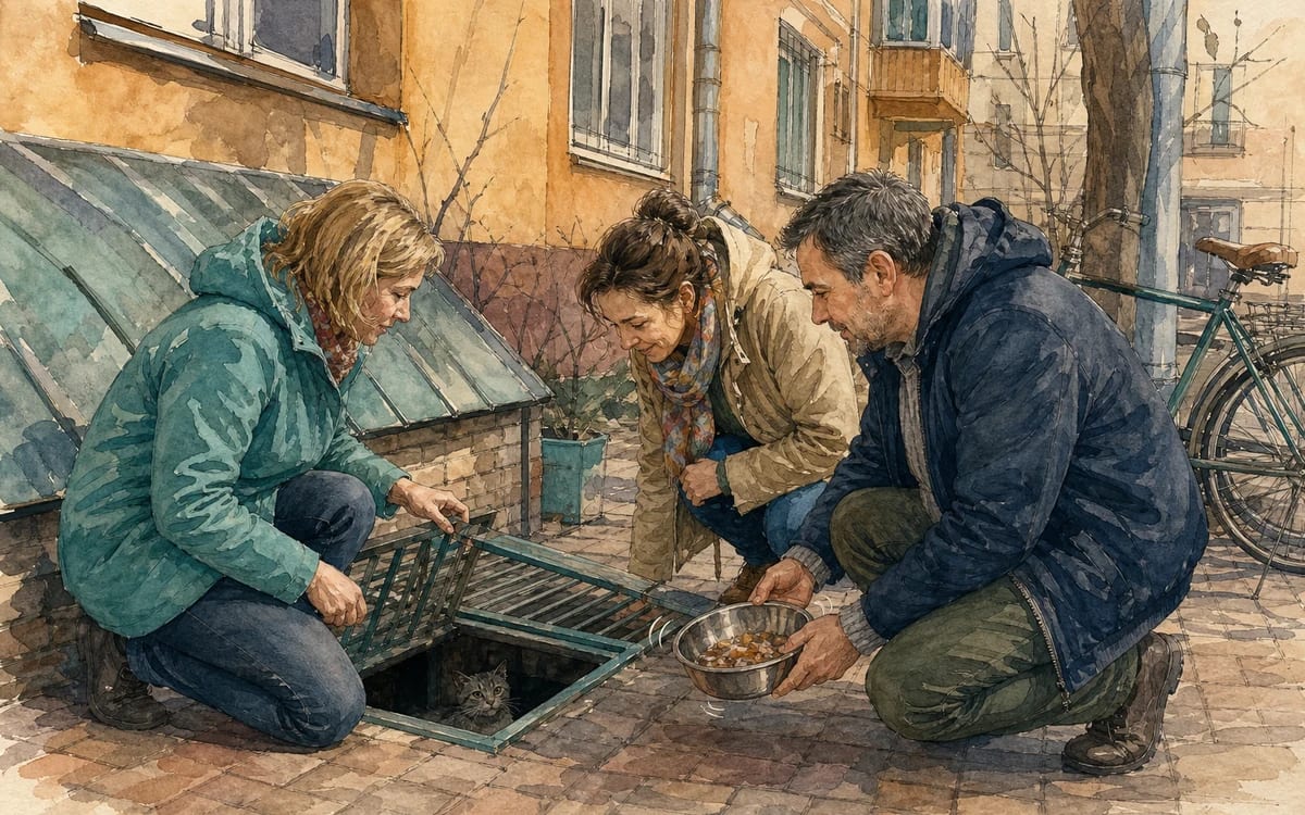 Three Kazan neighbors hear a cat's bell beneath the courtyard steps and open the basement grille.