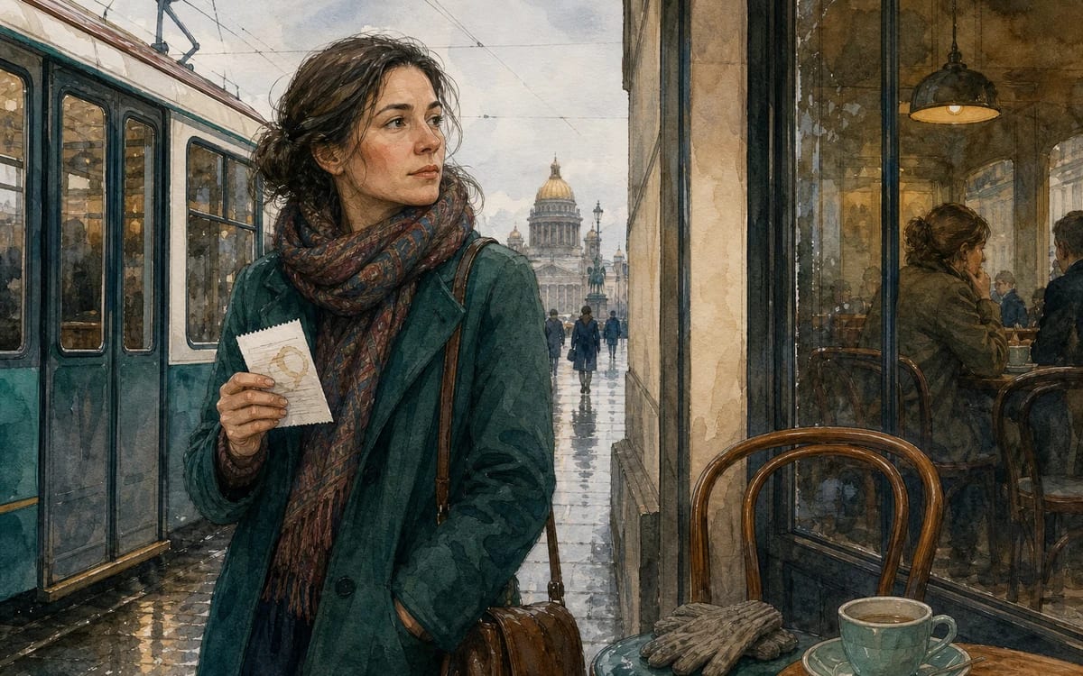 Nina uses a cafe receipt to retrace her tram journey and recover wet wool gloves in Saint Petersburg.