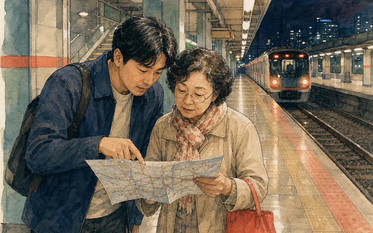 Taeho helps an older passenger trace her transfer on a folded map at a late-night Seoul subway platform.
