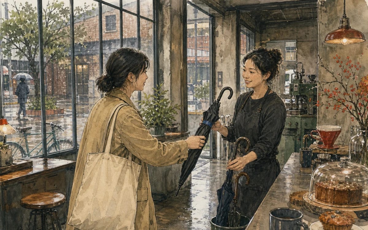 Hana returns the wrong black umbrella to its owner inside a rain-darkened Seongsu cafe.
