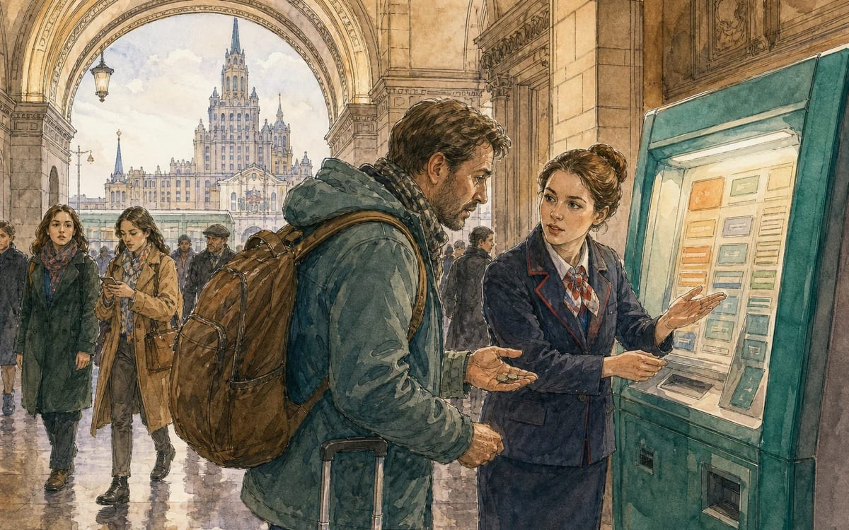 Maria asks a station employee for help at a crowded metro ticket machine near Leningradsky Station.