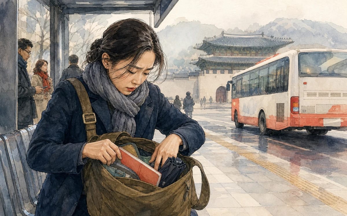 Sua searches beneath a notebook and folded umbrella for her transit card as a bus leaves a Gwanghwamun stop.