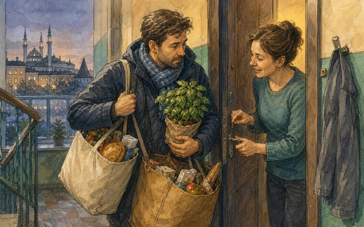 Pavel's new neighbor shows him how to turn a stubborn apartment key on a Kazan landing.