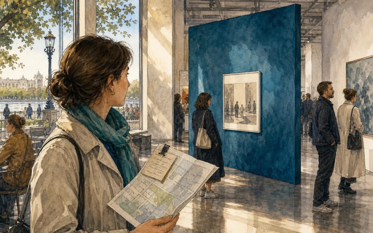 Denis follows a penciled note on a folded gallery map toward a blue museum partition in Moscow.