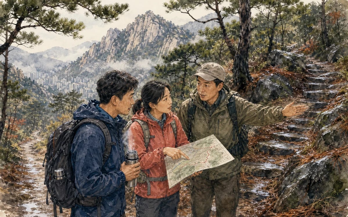 Mira and Sunwoo consult a ranger where a muddy trail and a dry Bukhansan path divide.
