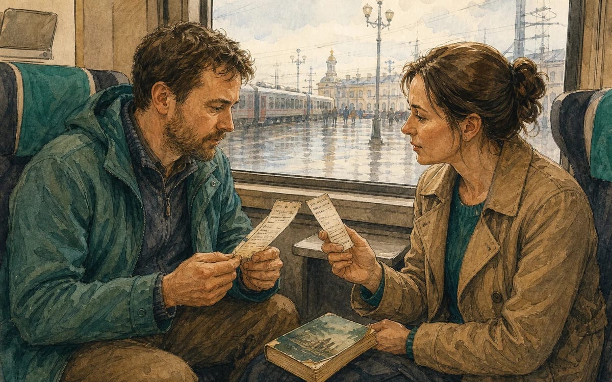 Two passengers compare creased tickets after finding the same seat on a weekend train to Yaroslavl.