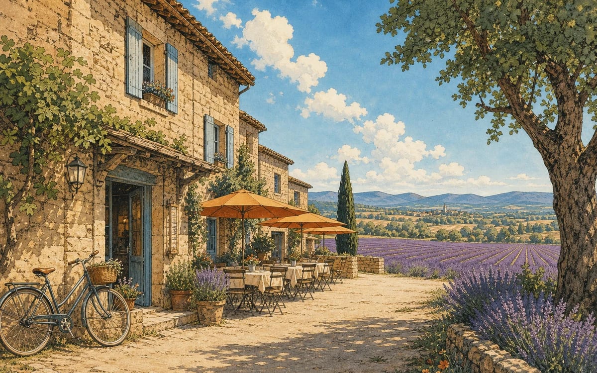 Illustration for the B1 story "Un dimanche en Provence": A solo traveler's plan to see lavender fields is disrupted by an unexpected invitation from a local innkeeper.