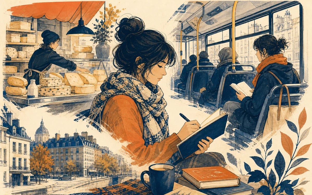 Illustration for the A1 story "Un Dîner Entre Amis": . Setting cues: fromagerie-market, bus-commute.