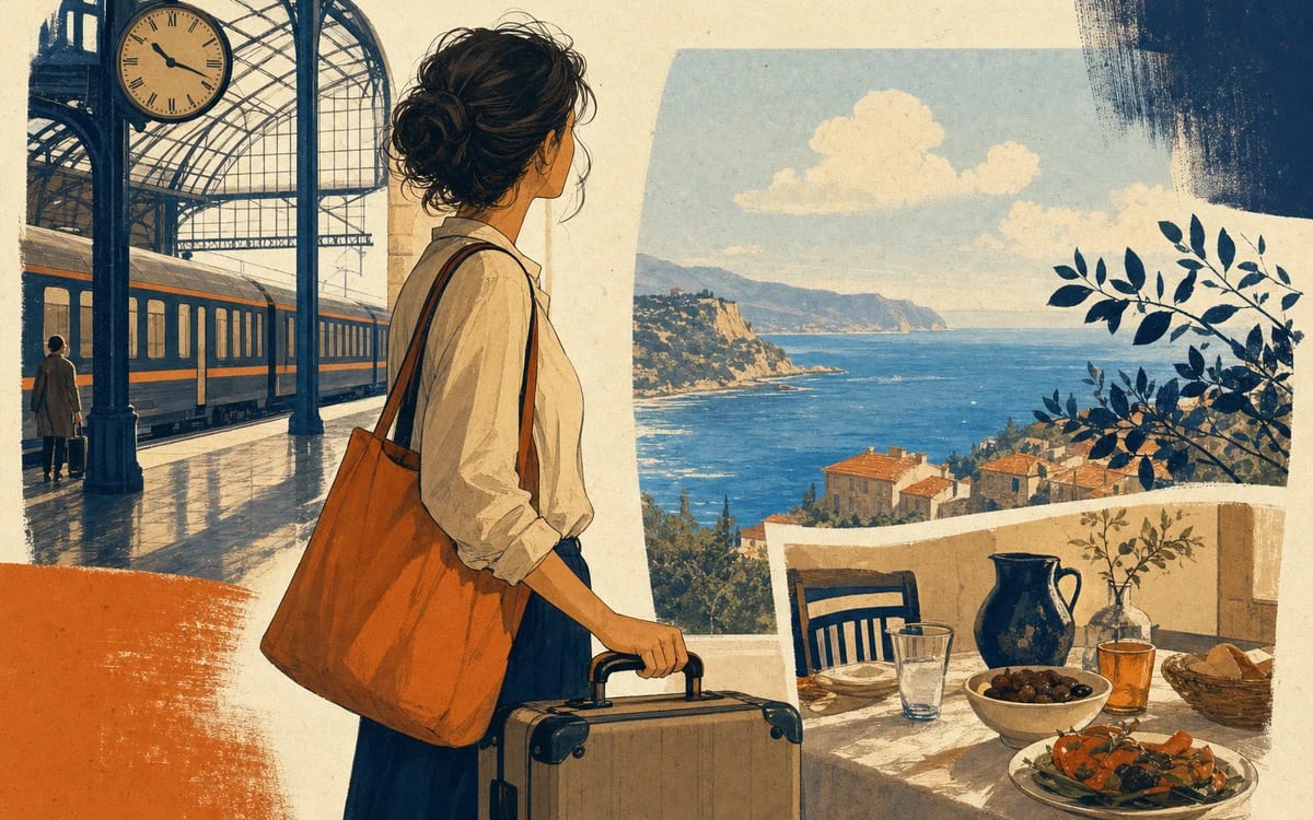Illustration for the A2 story "Un train pour Marseille": Inès missed the first announcement, found the right quai, and watched the coast turn blue before dinner.