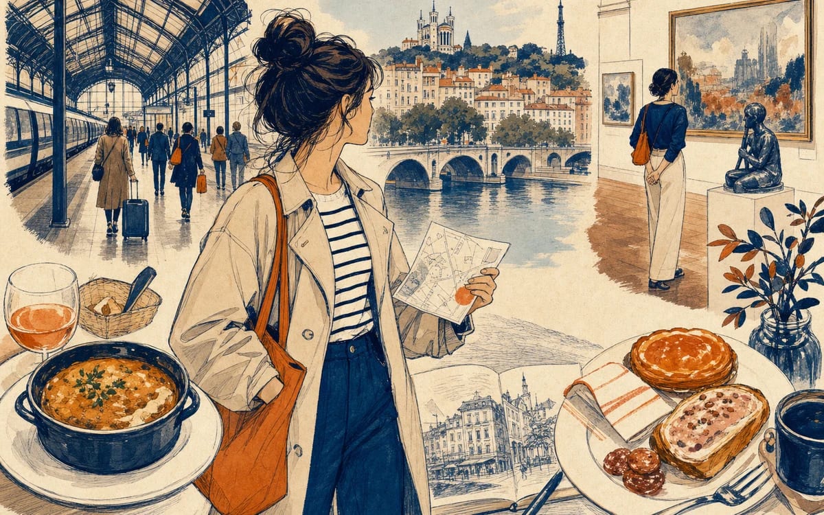 Illustration for the A2 story "Un Week-end à Lyon": Emma spends a weekend in Lyon and discovers the city through food, walking, and a small mistake.