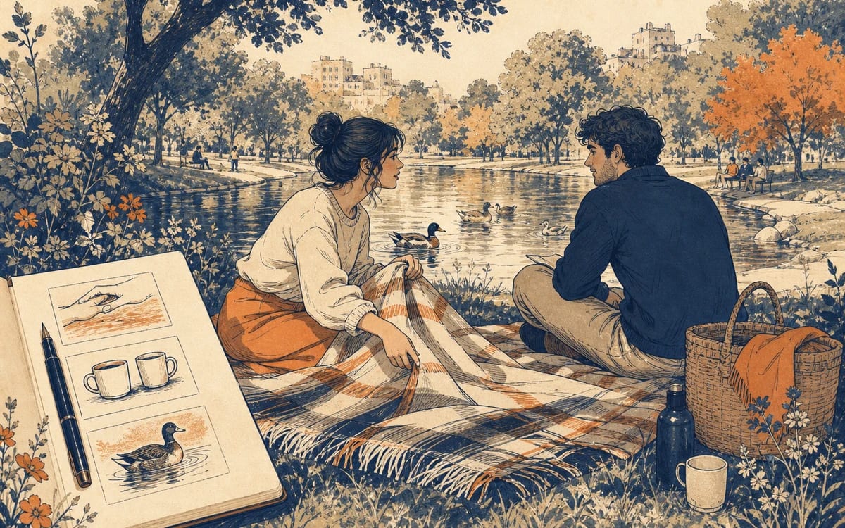 Illustration for the A1 story "Una domenica al parco": Giulia spreads a blanket beside the duck pond, trades quiet chat with Luca, and notes three verbs that bookmark the smallest kind of fluent Sunday.