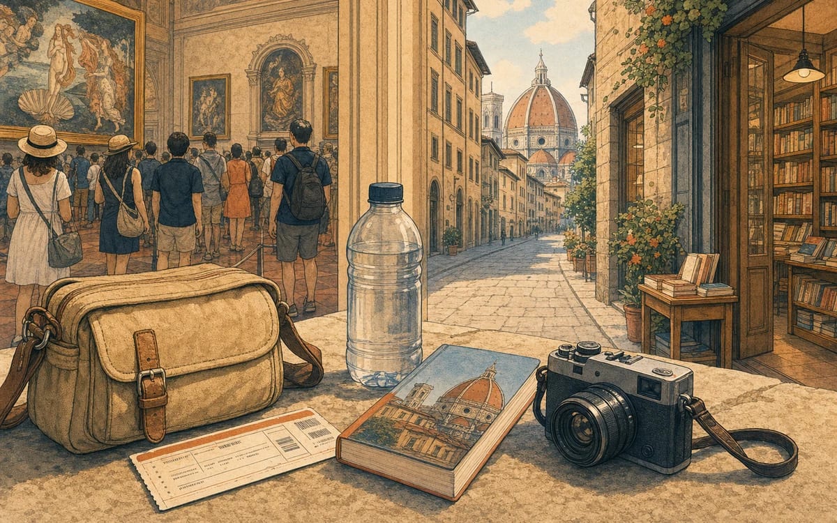 Illustration for the A2 story "Una Gita a Firenze": Giulia spends a day in Florence and discovers the city through a museum visit and a quiet street.