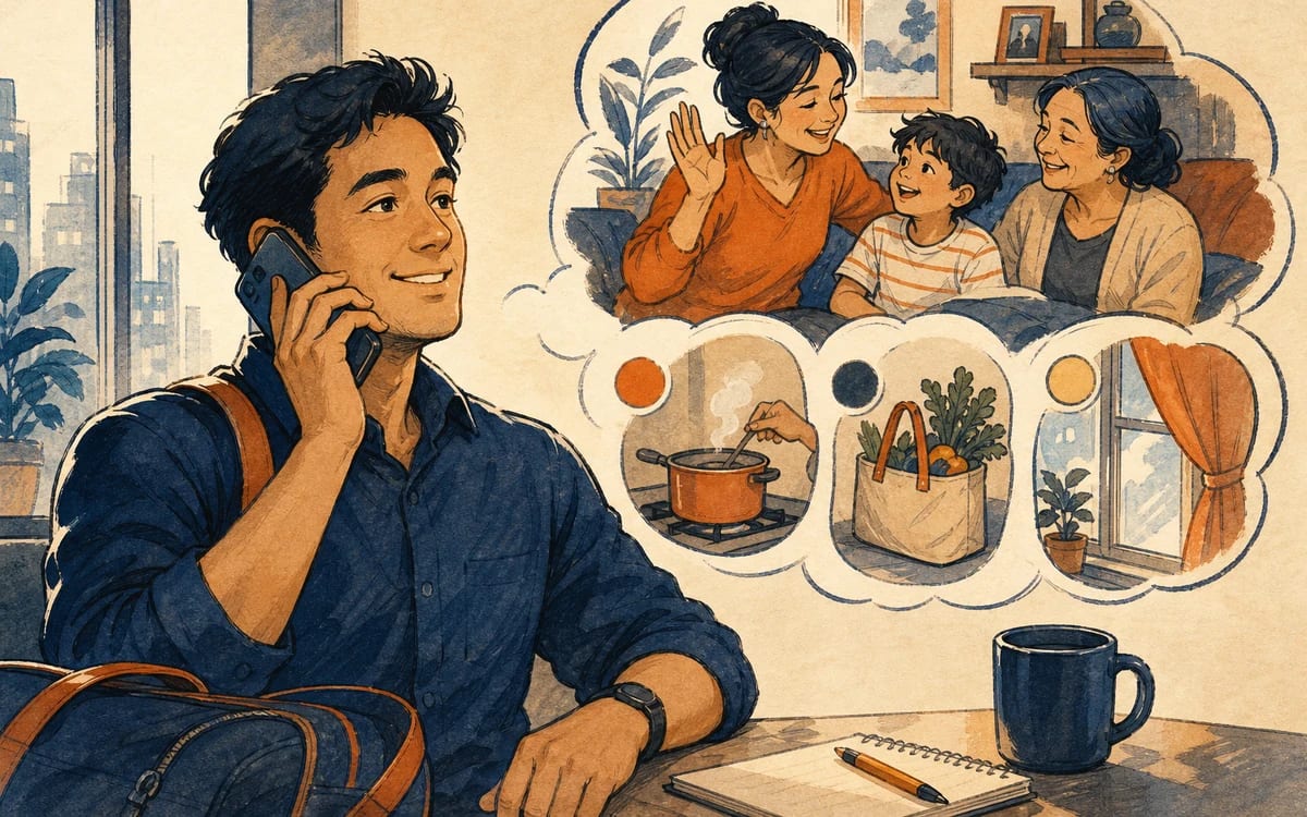 Illustration for the A1 story "Una llamada a mamá": After work, Marcos calls home for two minutes—and still learns three useful everyday phrases.
