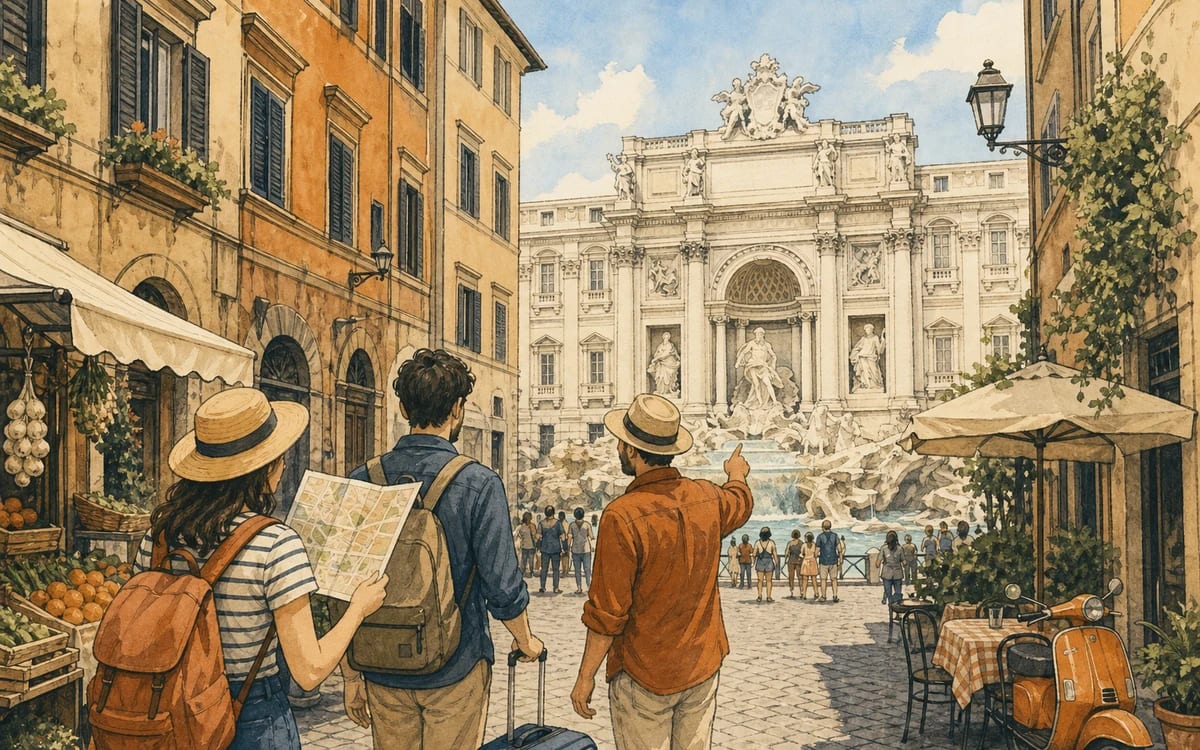 Illustration for the A1 story "Una Passeggiata a Roma": A tourist trying to find the Trevi Fountain learns more from getting lost than from the map.