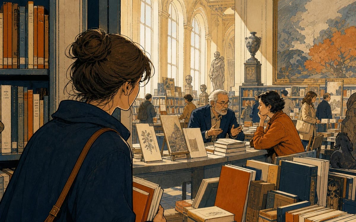 Illustration for the A2 story "Una Tarde en la Biblioteca": Clara looks for a quiet place to study and discovers an unexpected conversation in the library.