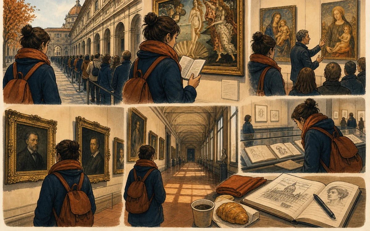 Illustration for the B1 story "Una visita agli Uffizi": Sofia trades crowd photos for slow caption reading, argues with herself about restorations, and exits with fewer crisp JPEGs and steadier art vocabulary.