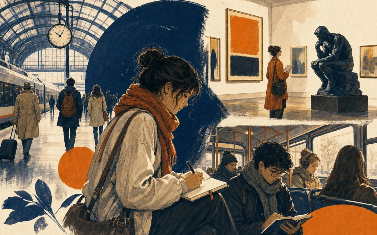 Illustration for the A1 story "Une Promenade le Long de la Seine": . Setting cues: train-station, museum-gallery, bus-commute.