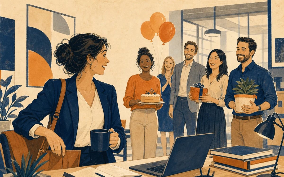 Illustration for the A2 story "Une Surprise au Bureau": Nadia prepares a normal workday but finds a warm surprise from her colleagues.