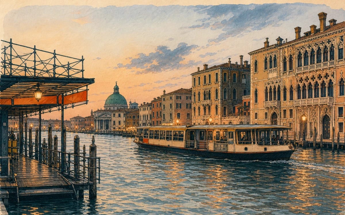 Illustration for the A2 story "Weekend a Venezia": Chiara e Tommaso remap a shuttered dock, ride the smoky gold of Canal Grande, and escape a calle tangle thanks to bookstore directions from a passeggiante.