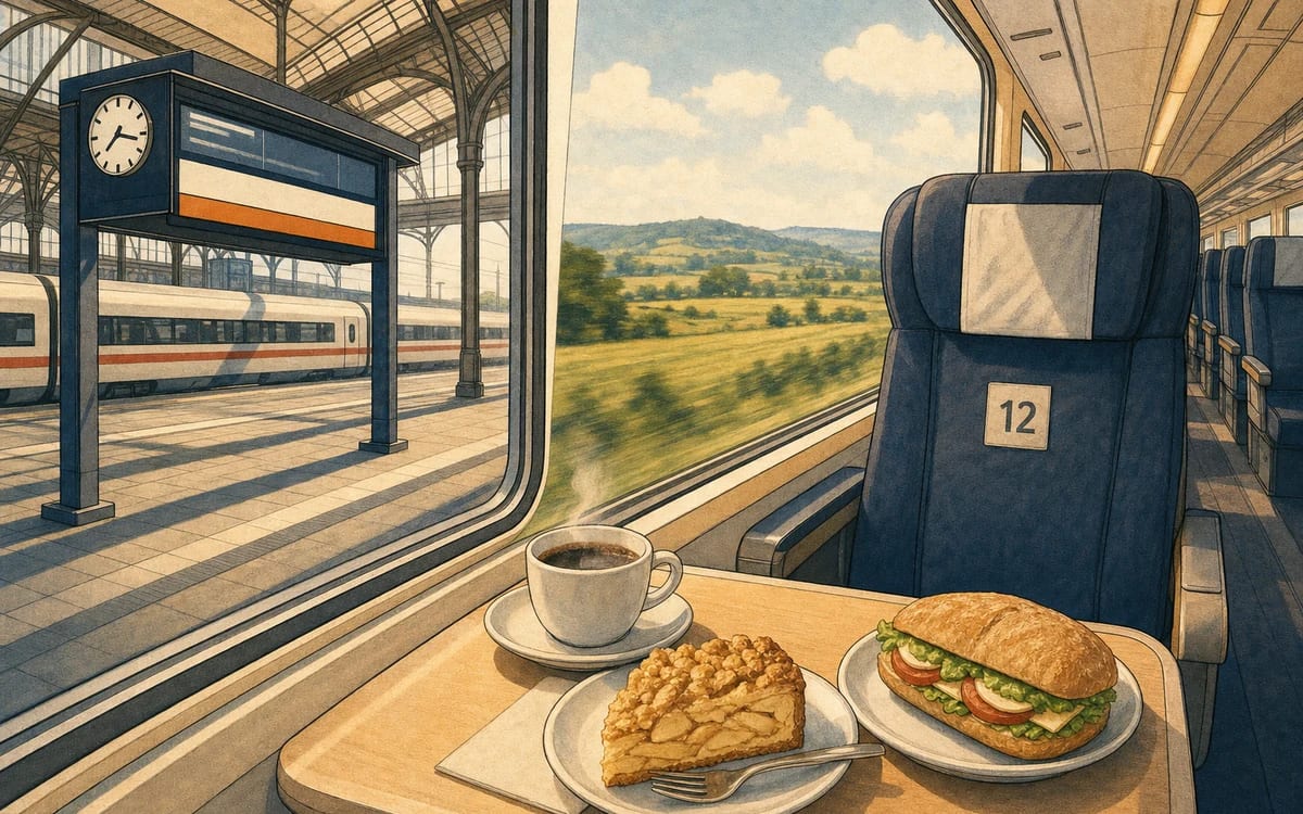 Illustration for the A2 story "Zugfahrt nach München": Laura double-checks the platform flip, survives a cheerful snack trolley, and steps into München Hauptbahnhof with fewer translation crutches.