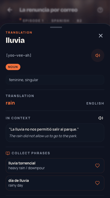 Scheda di una parola con pronuncia, traduzione ed esempio nel contesto