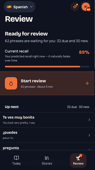 MeloLingua review dashboard showing recall strength and phrases ready to practice