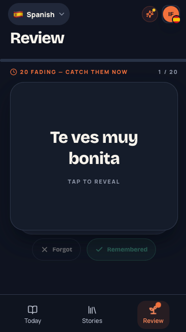 MeloLingua Spanish phrase review card with remembered and forgot controls