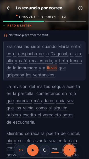 MeloLingua interactive Spanish reader with synchronized narration and highlighted vocabulary