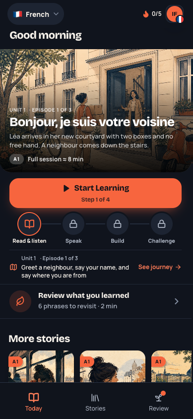 MeloLingua Today screen with the day's French story, a four-step session from reading to challenge, and saved phrases ready to review