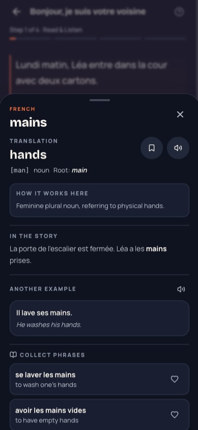 MeloLingua word sheet for the French word mains with its translation, pronunciation, the story line it comes from, and phrases to collect
