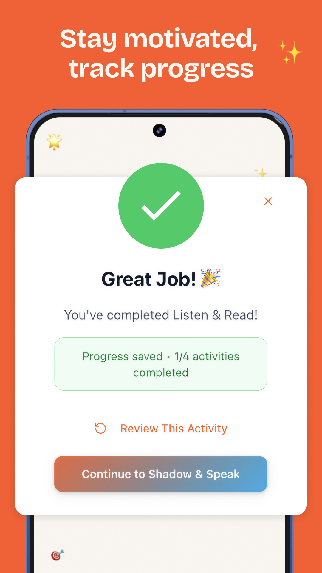 MeloLingua app completion screen moving from Listen and Read to Shadow and Speak