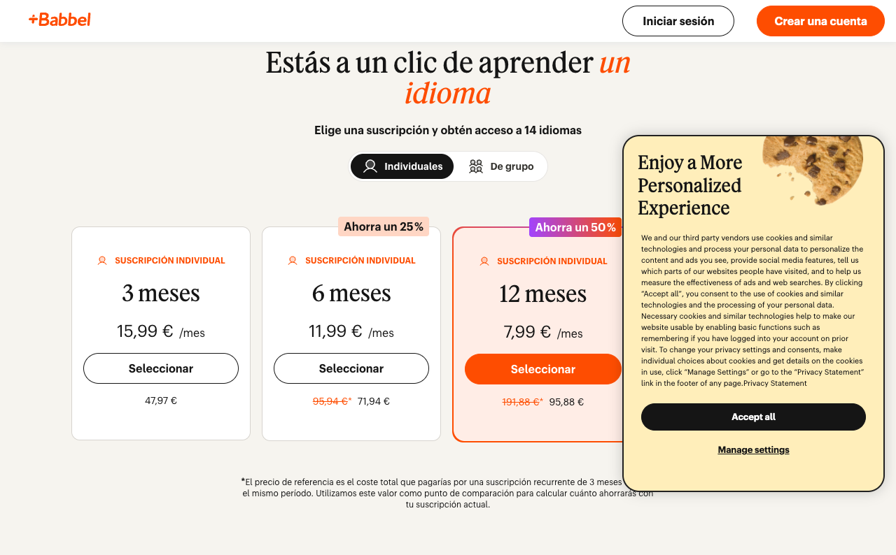 Babbel Spain subscription checkout showing three, six, and twelve month prices