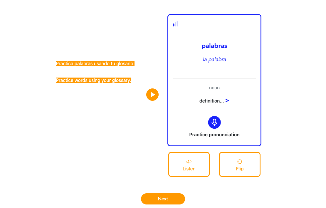 Beelinguapp public glossary preview for the Spanish word palabras
