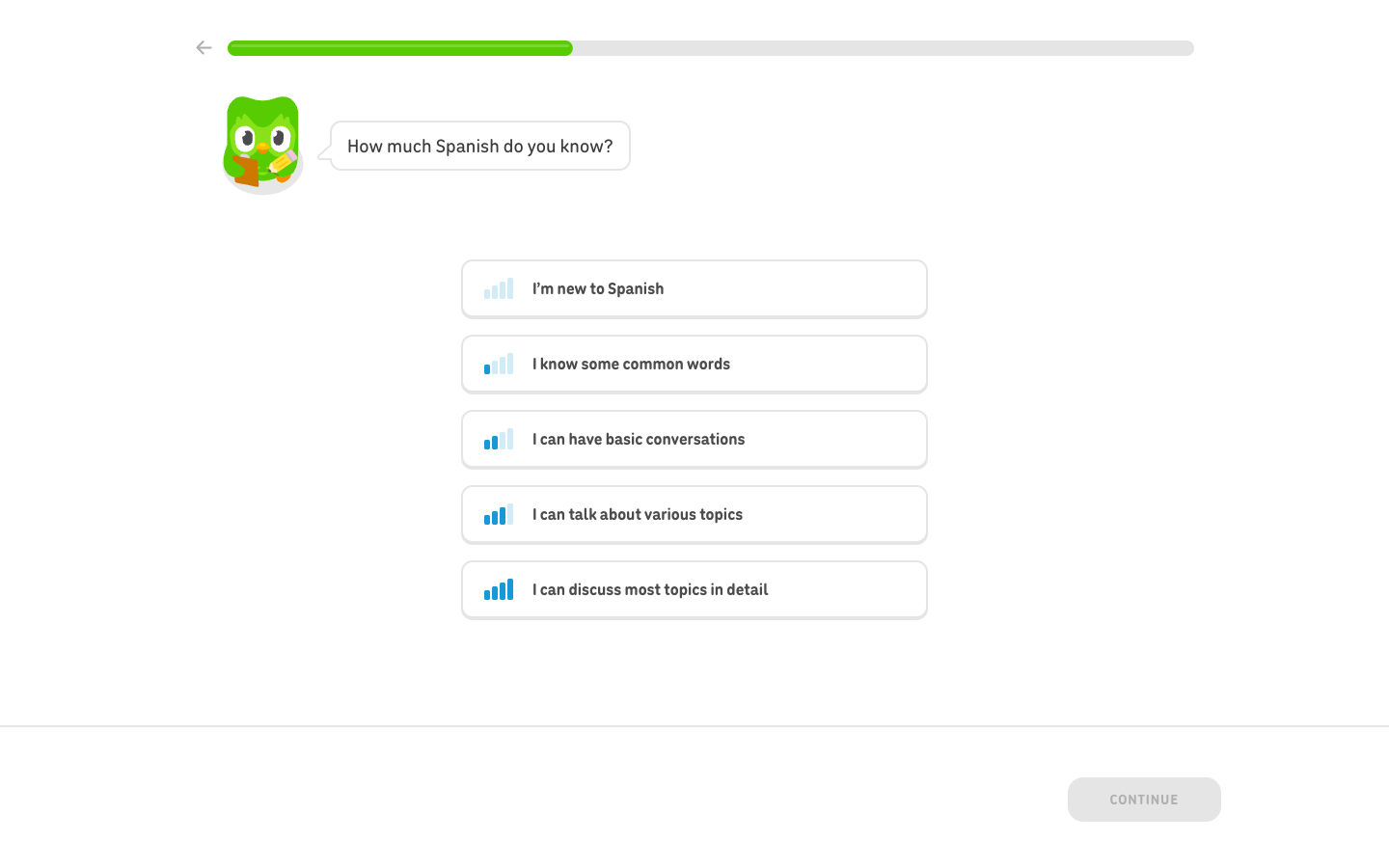 Duolingo account-free Spanish proficiency selection on desktop