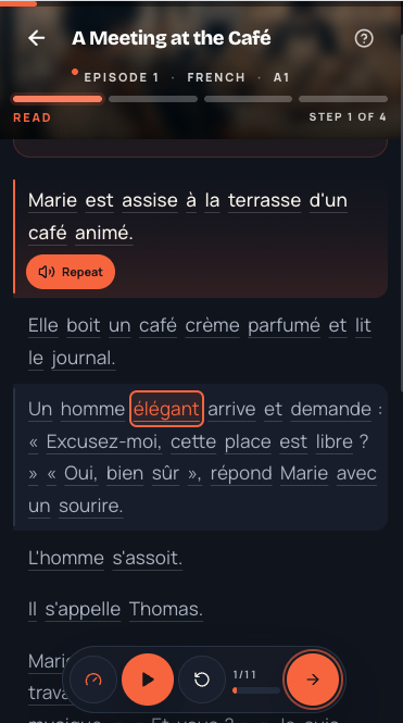 MeloLingua listening and reading screen with a word highlighted inside a French café story
