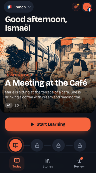 MeloLingua Today screen showing a French story called A Meeting at the Café with a Start Learning button